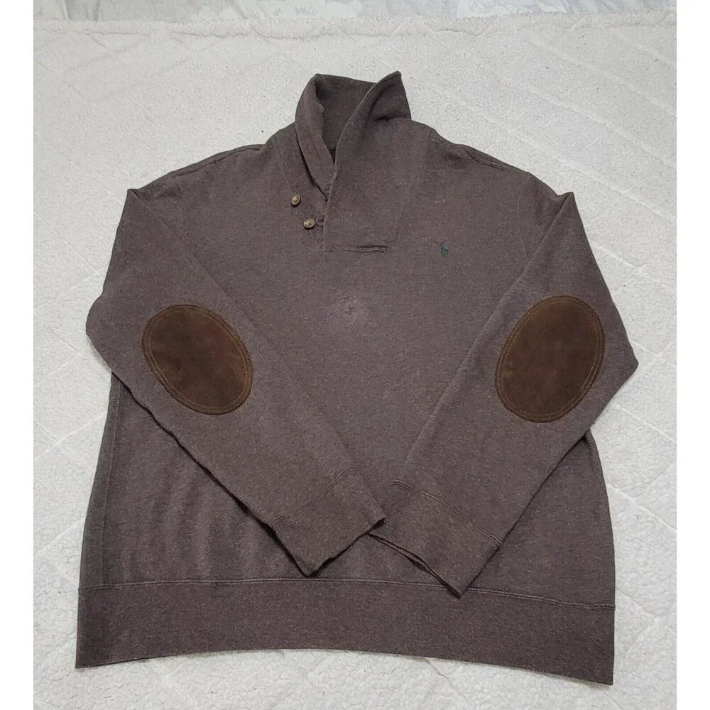 Polo Ralph Lauren‎ Mens Brown Shawl Neck Sweater Elbow Patch Long Sleeve Size XL
